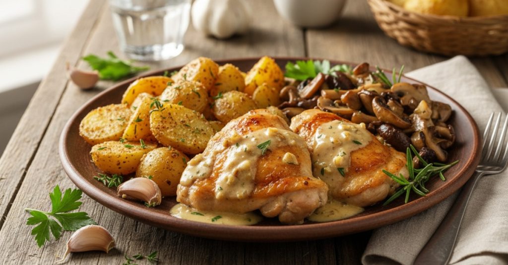 Creamy Garlic Chicken with Roasted Potatoes and Mushrooms