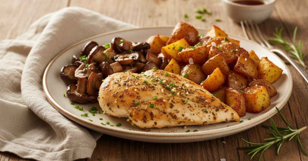 Garlic Herb Chicken with Mushrooms & Crispy Roasted Potatoes Recipe
