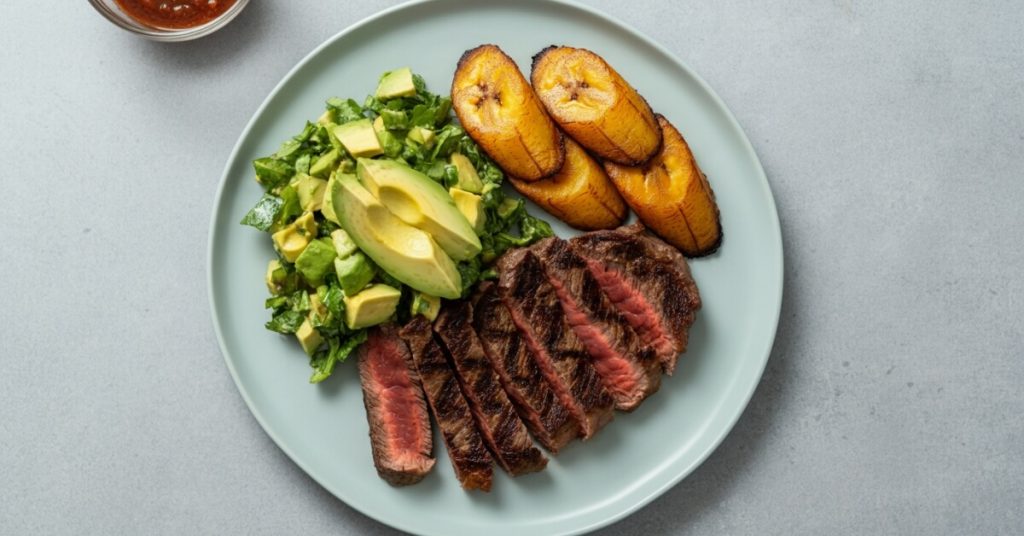 Steak & Sweet Plantain Plate with Fresh Avocado Salad